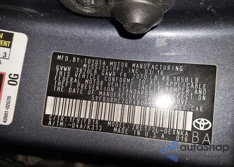 2016 Toyota Corolla Le z USA, uszkodzony, nr VIN 5YFBURHE7GP480605